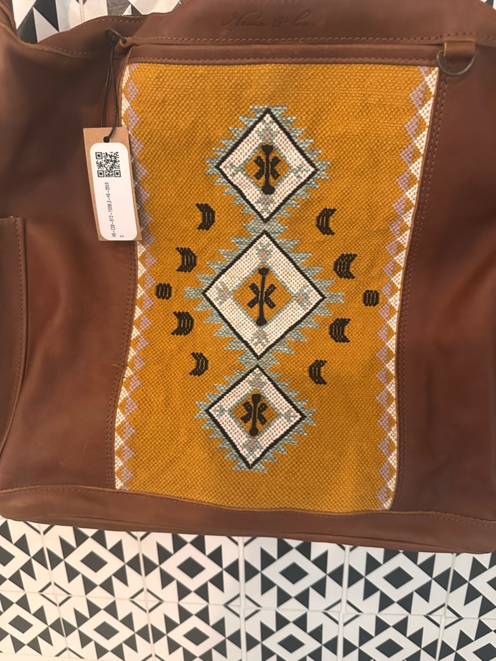 Nena & Co. Brown Leather Shoulder Bag with Mustard Embroidered Panel - Picture 3 of 6